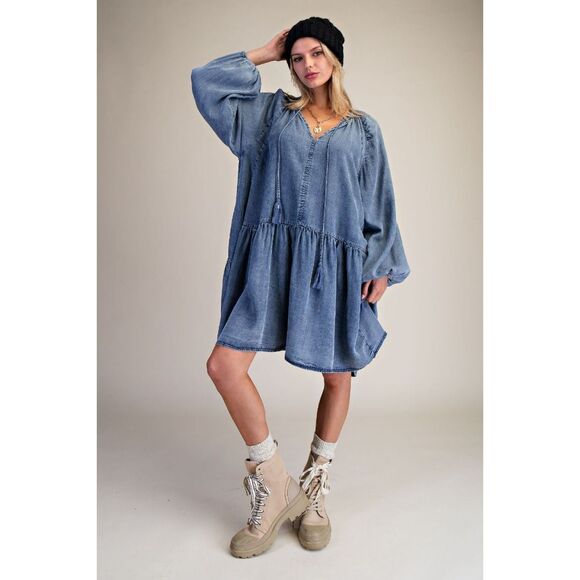 1009 EASEL Large Washed Denim Oversized Fit Tiered Dress - Picture 5 of 6